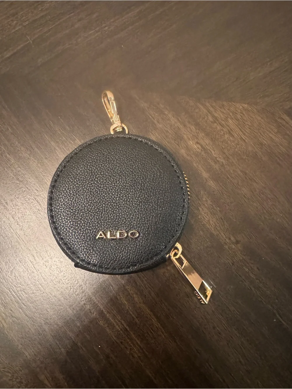Aldo Black Round Zip Key & Card Holder with Gold Hardware